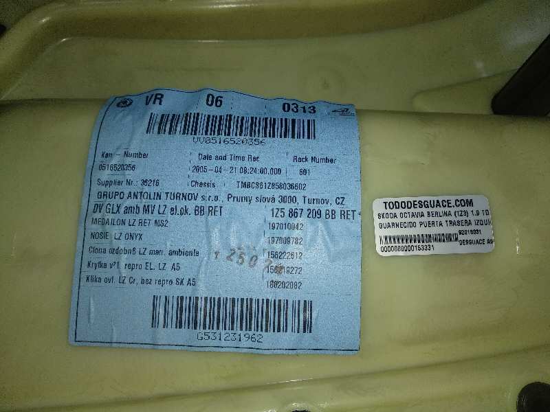 GUARNECIDO PUERTA TRASERA IZQUIERDA SKODA OCTAVIA BERLINA (1Z3) Active   |   05.04 - 12.08