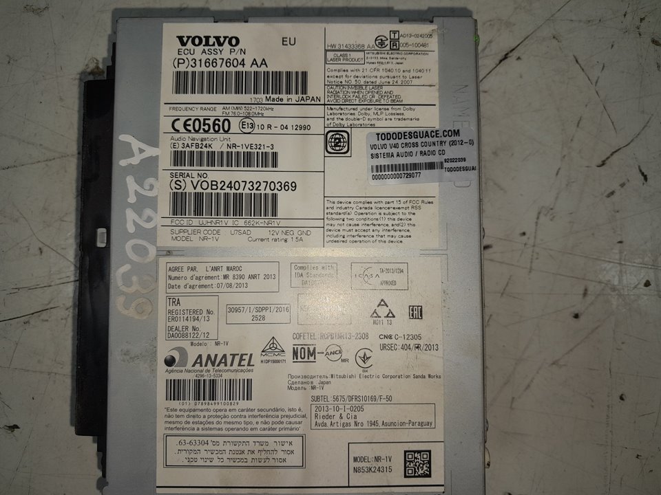 SISTEMA AUDIO / RADIO CD VOLVO V40 CROSS COUNTRY (2012-0) Basis