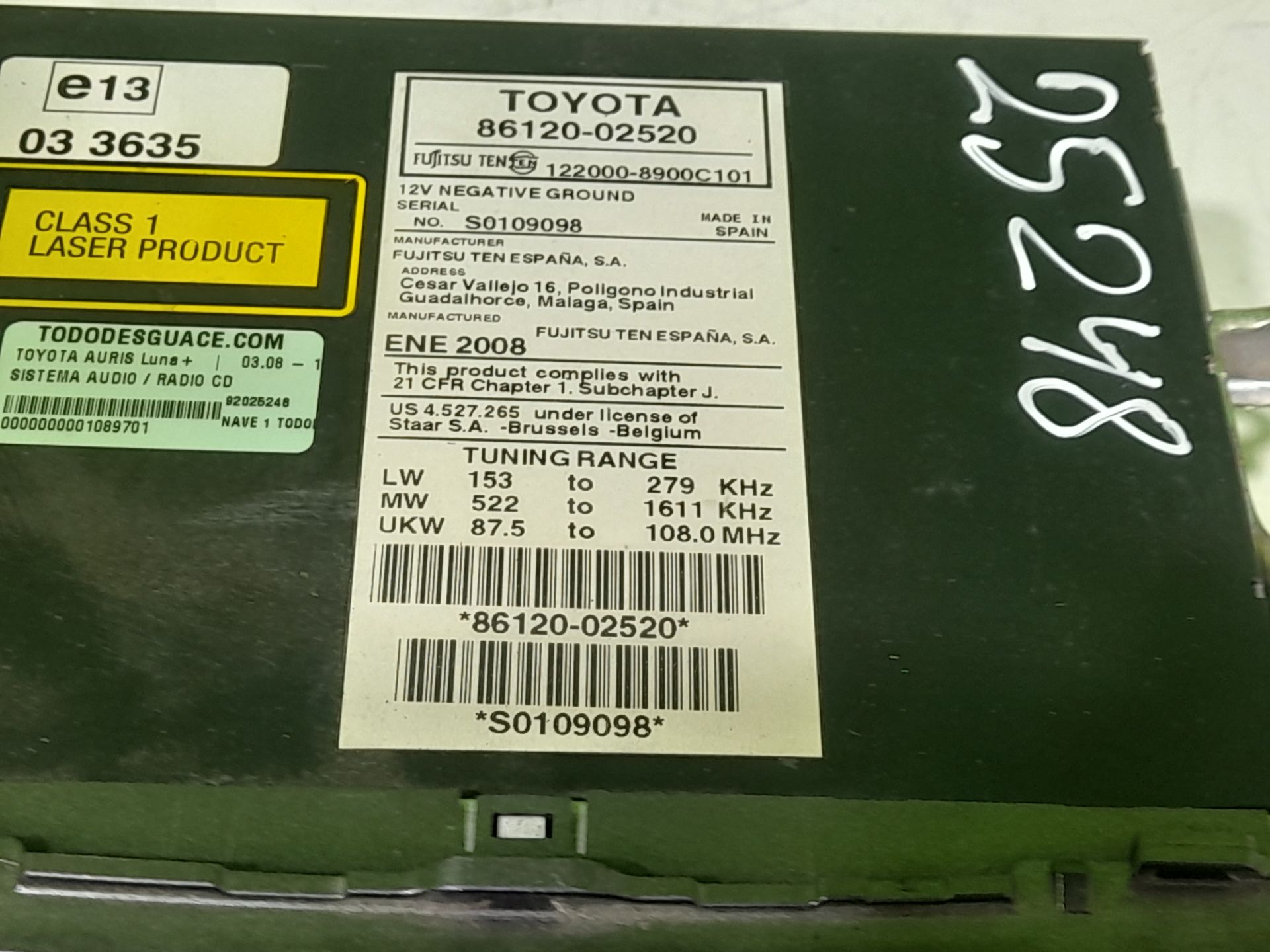 SISTEMA AUDIO / RADIO CD TOYOTA AURIS Luna+