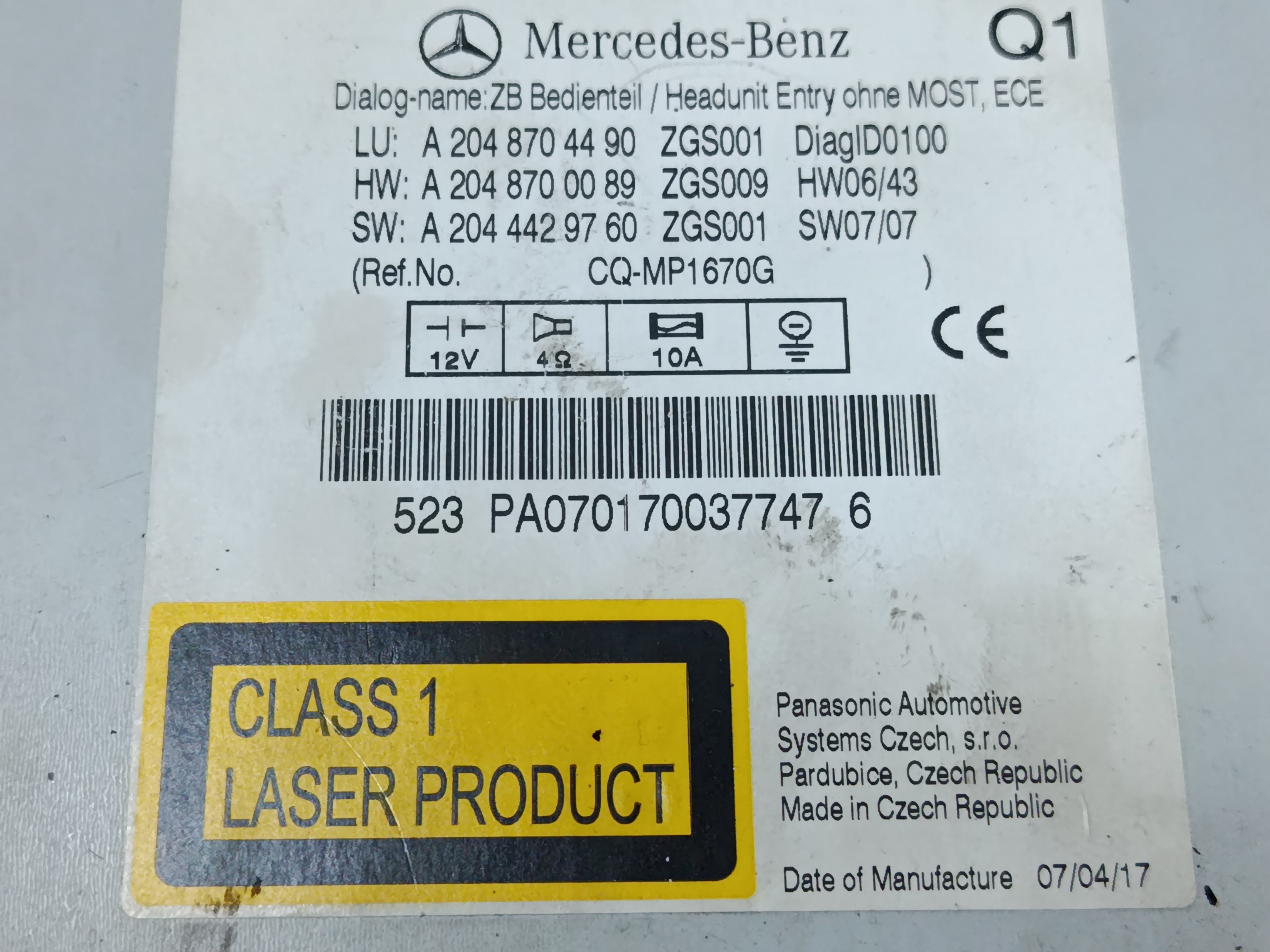 SISTEMA AUDIO / RADIO CD MERCEDES CLASE C (W204) BERLINA 2.1 CDI CAT